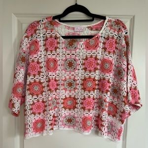 New! PINK LILY Multi Colored Crochet Short Sleeve Sweater Size Small
